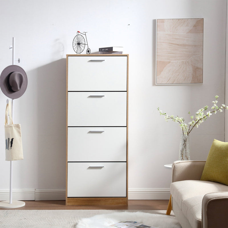 Scarpiera Salvaspazio 4 Ante a Ribalta 63x24x155h cm in Melaminico Venato a Rilievo Rovere e Bianco