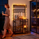 Mobile Scaffale Cucina 80x42x162 cm con Prese e LED Pannello in Metallo con 10 Ganci 5 Ripiani e Cestello Marrone Rustico      