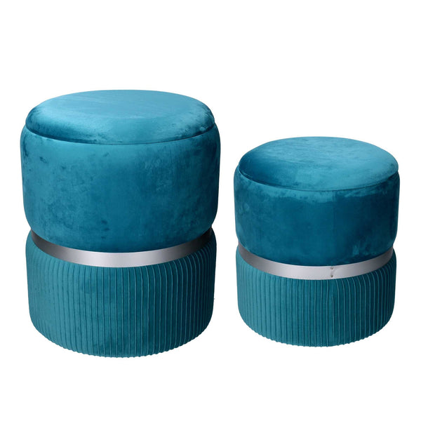 Lot de 2 Poufs de Rangement Ø35 cm et Ø39 cm en tissu Velours Turquoise sconto