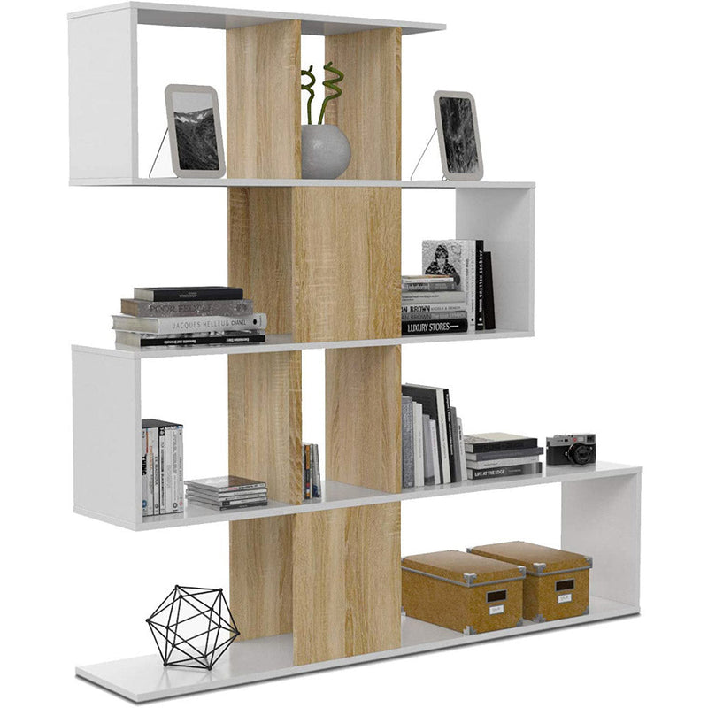 Mobile a Scaffali Libreria 4 Livelli 145x145x29 cm in Legno Zig Zag Bianco e Rovere