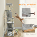 Albero Tiragraffi per Gatti 48x40x177 cm con 2 Casette 2 Lettini Trespolo e 2 Palline Grigio Chiaro e Beige      