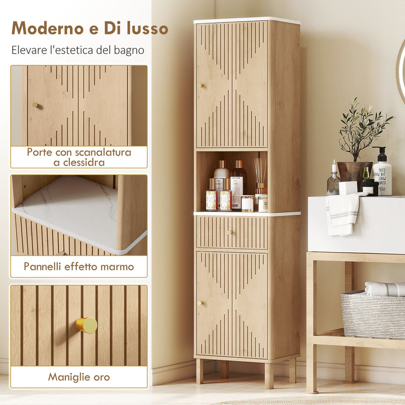 Mobile a Colonna Bagno 41,5x30x168 cm con  Ripiano Effetto Marmo e Ante Decorate in MDF Rovere      
