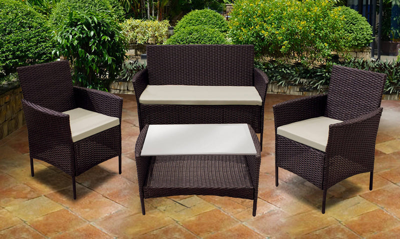 Set da Giardino Divano 2 Poltrone e Tavolino in Polyrattan Soriani Marrone e Avorio