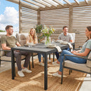 Tavolo da Giardino 4-6 Persone 150x80x74 cm con Piano Effetto Legno in Acciaio e Plastica Grigio e Nero      