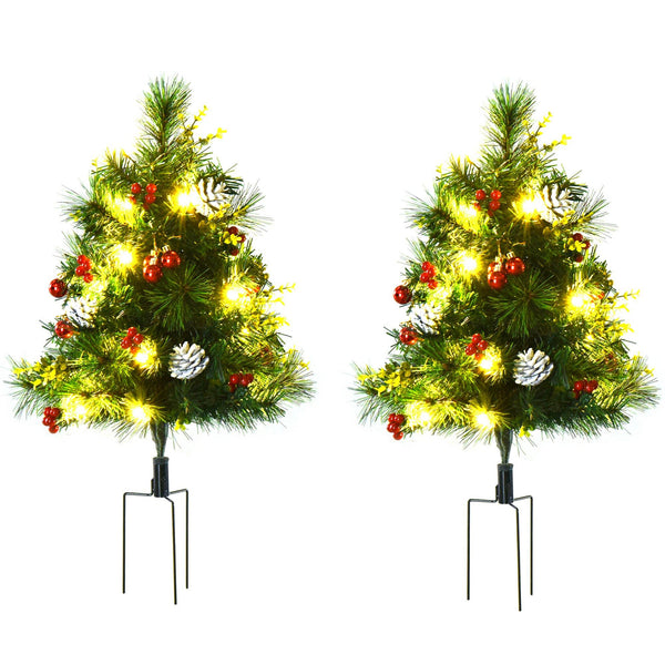 sconto Set 2 Mini Sapins de Noël Artificiels Ø33x75 cm avec 24 Lumières Pommes de Pin et Baies de Pin Vert