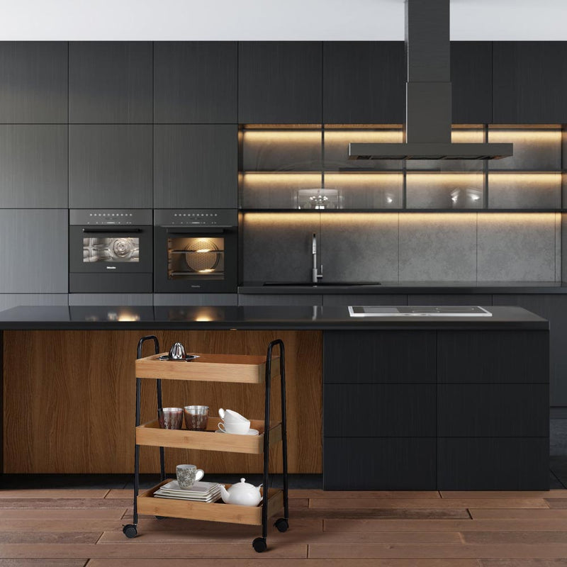 Carrello Trolley Cucina in Metallo 3 Ripiani in legno 4 Ruote Salvaspazio Nero