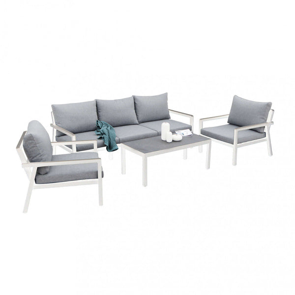 Salon de jardin canapé 2 fauteuils et table basse avec coussins en aluminium blanc acquista