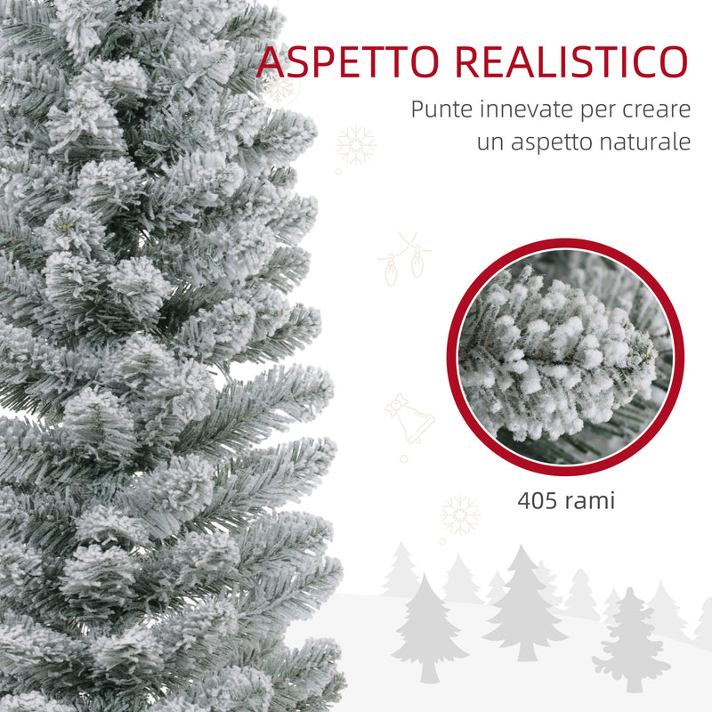 Albero di Natale Innevato Slim 210 cm con 405 Rami e 180 Luci LED Bianco Caldo in Plastica e Metallo Bianco      