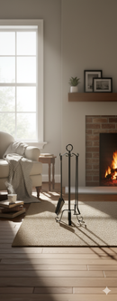 Trespolo per Attrezzi Camino Modello Basic Anello con Paletta Scopino Attizzino e Pinza 20x20x55 cm in Ferro Verniciato Grigio Martellato