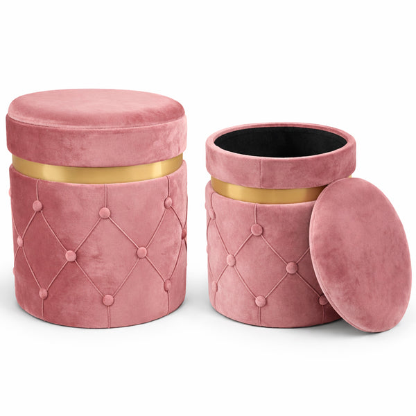 Set 2 Pouf Contenitori 38x44 cm e 31x38 cm con Design Trapuntato in Velluto Rosa online