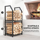 Portalegna da Interno Esterno a 2 Livelli con 3 Ganci 41x30x81cm in Metallo Nero       