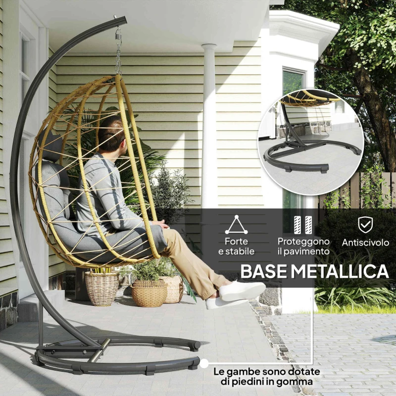 Dondolo Pensile da Giardino Pieghevole con Cuscini 102x102x195 cm in Acciaio e Rattan PE Nera Grigia e Beige