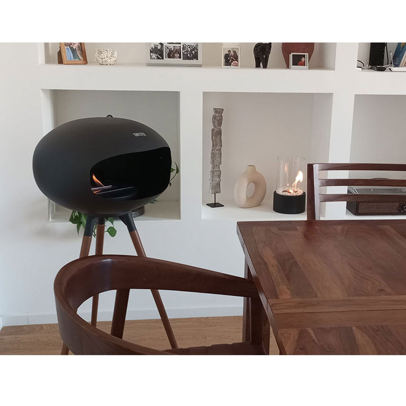 Camino a Bioetanolo da Pavimento Ø50x74 cm SICILY in Stile Nordico in Metallo Nero e Gambe in Legno Rovere