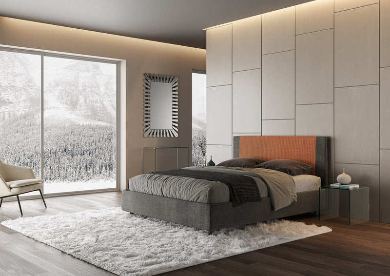 Letto Matrimoniale con Testata e Alzata Comoda Imbottito in Tessuto Labirinto Rosal Arancio Varie Misure