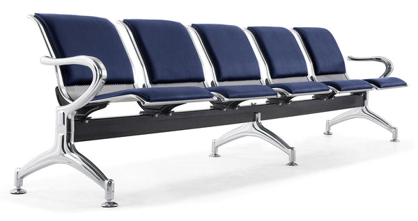 Banc de Bureau pour Salle d'Attente 5 Places avec Coussin en Acier et Simili Cuir Argenté/Bleu Marine acquista