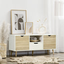 Mobile TV Fino a 55" 110x40x50 cm con Cassetti Ripiani Aperti e Armadietti in Truciolato Bianco e Colore Legno