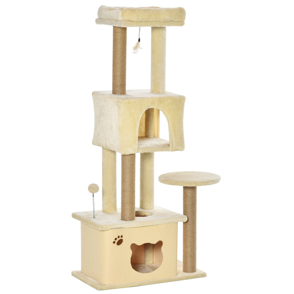 Albero Tiragraffi per Gatti Alto 136 cm con Cuccia Rimovibile Casetta e Lettino Pali in Iuta Beige online