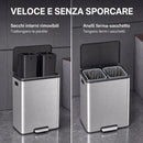 Pattumiera a Pedale 2x30 L 52,5x37,5x66 cm con Secchi Estraibili e Coperchio Soft-Close in Acciaio Inox Argento      