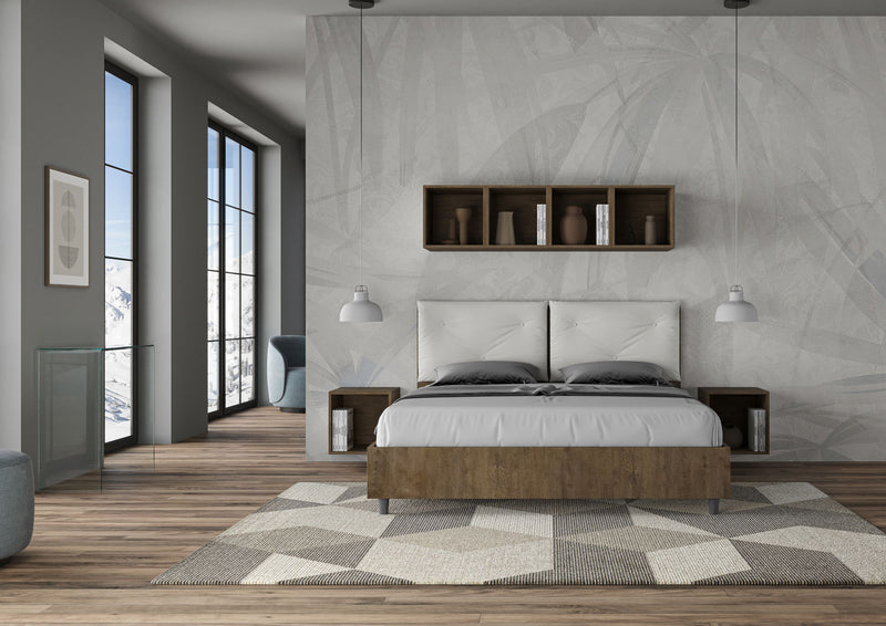 Letto Matrimoniale con Alzata Comoda Struttura Noce con Cuscini in Similpelle Appia Bianco Varie Misure