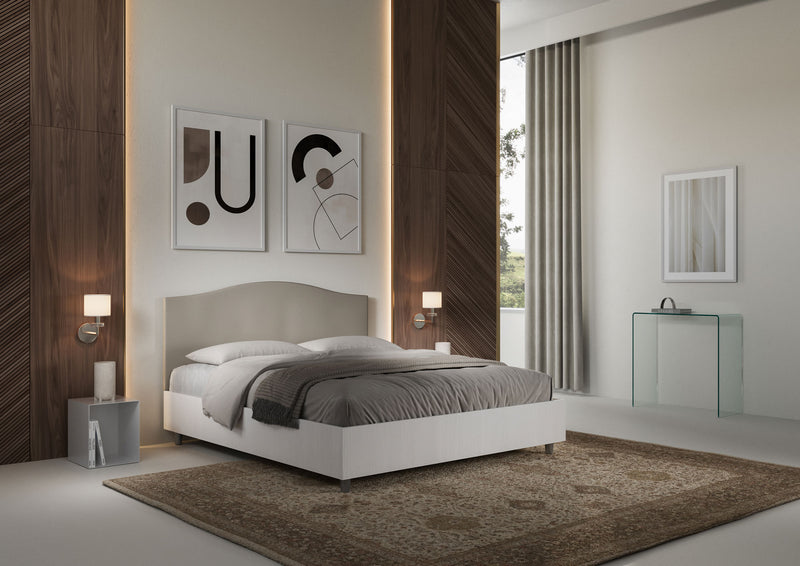 Letto Matrimoniale con Rete e Contenitore Alzata Comoda Struttura Bianco Frassico e Testata in Similpelle Grace Tortora Varie Misure