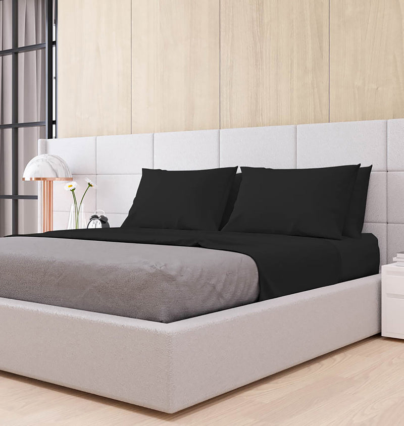 Set Lenzuola Matrimoniale Sopra Sotto e Federe Tinta Unita Nero