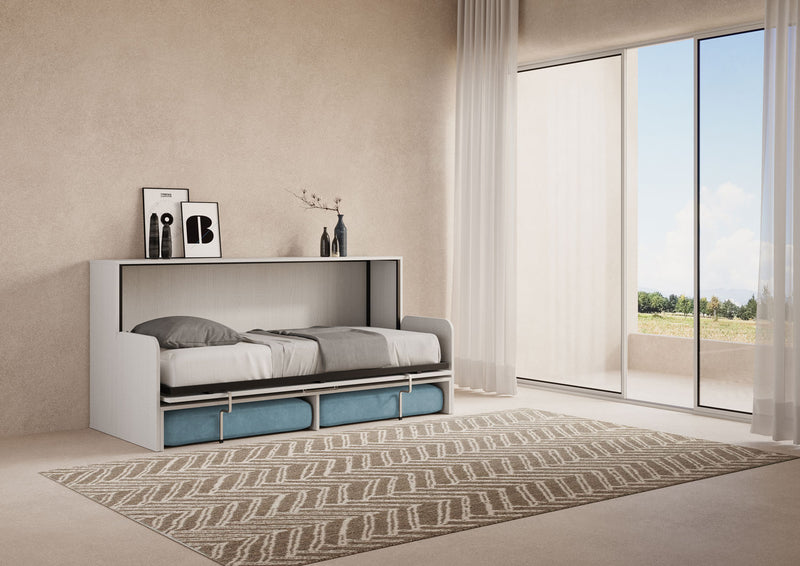 Letto Singolo A Scomparsa Kando Con Divano Bianco Frassino e Azzurro      
