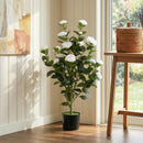 Pianta Finta di Camelia con Fiori Realistici 176 Foglie in PEVA e Vaso Nero in PP Riempito in Cemento Bianco      