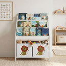 Libreria Montessoriana per Bambini 3-8 Anni 60x30x76 cm con 4 Ripiani e 2 Contenitori con Stampa di Leone in Truciolato Bianco      