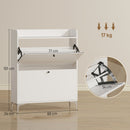 Mobile Scarpiera Slim 80x24x101 cm con 2 Cassetti a Ribalta e Ripiani Regolabili in Legno e Metallo Bianco      