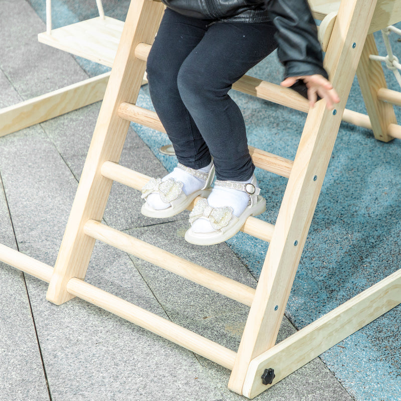 Gioco Arrampicata 5 in 1 Pieghevole 140x172,5x116,5 cm con Scivolo 2 Pareti Altalena e Canestro in Legno      