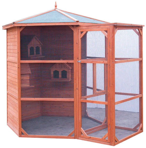 online Volière Extérieure Hexagonale Ø2,3 m avec Entrée Bois Naturel