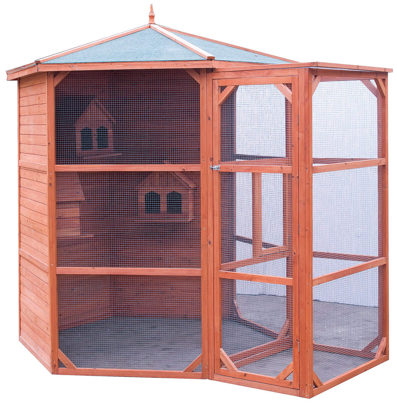 Voliera da Esterno Esagonale Ø2,3 m con Ingresso in Legno Naturale 