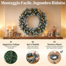 Ghirlanda Natalizia Innevata Ø60x12 cm con Luci LED 8 Modalità 140 Rami e Pigne in PVC Verde      