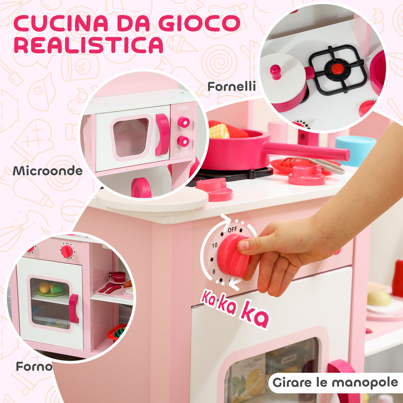 Cucina Giocattolo per Bambini 3+ Anni 55x24x86 cm con Microonde Piano Cottura e Lavandino in Legno Rosa      