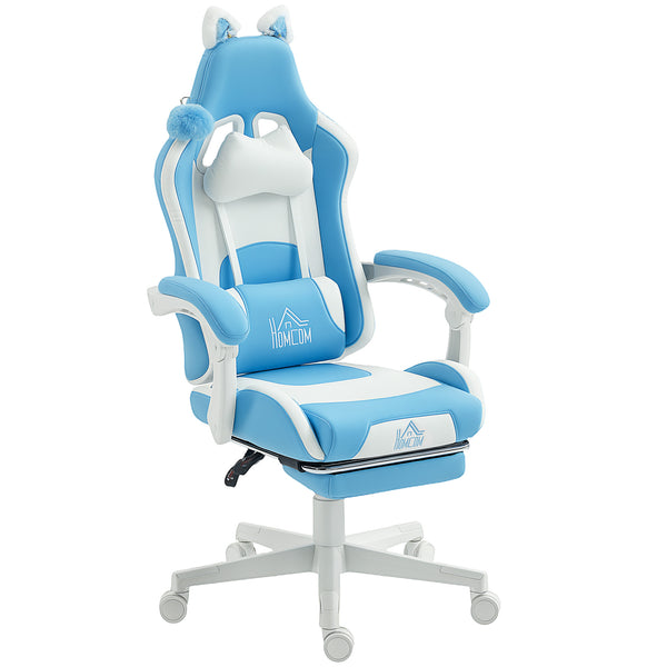 online Sedia da Gaming Reclinabile 65x62x116-124 cm con Poggiapiedi e Cuscini in Finta Pelle e Spugna Bianco e Azzurro