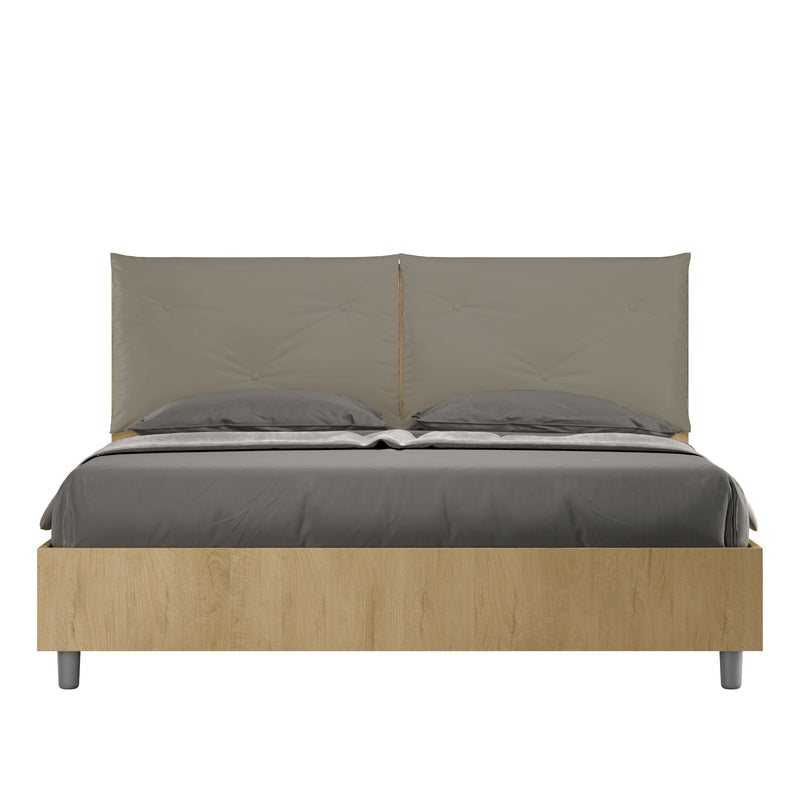 Letto Matrimoniale con Alzata Comoda Struttura Quercia con Cuscini in Similpelle Appia Cappuccino Varie Misure