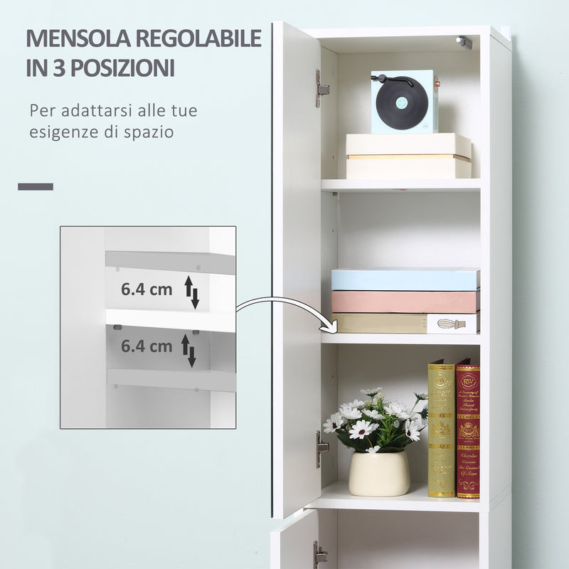 Mobile a Colonna Bagno 32x28x162 cm con Anta Superiore a Specchio Rivestimento in Melamina Bianco  