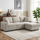 Divano Angolare 3 Posti 235x80x85 cm con Contenitore Poggiapiedi Rimovibile e 2 Cuscini in Tessuto Effetto Lino Beige      