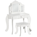 Toeletta Trucco per Bambine Consolle e Sgabello 63x40x85,5 cm con Triplo Specchio in Legno e Acrilico Bianco      