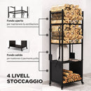 Porta Legna per Interni ed Esterni 45x30x118 cm con Ruote e 4 Utensili Pala Attizzatoio Spazzola e Pinze in Metallo Nero      