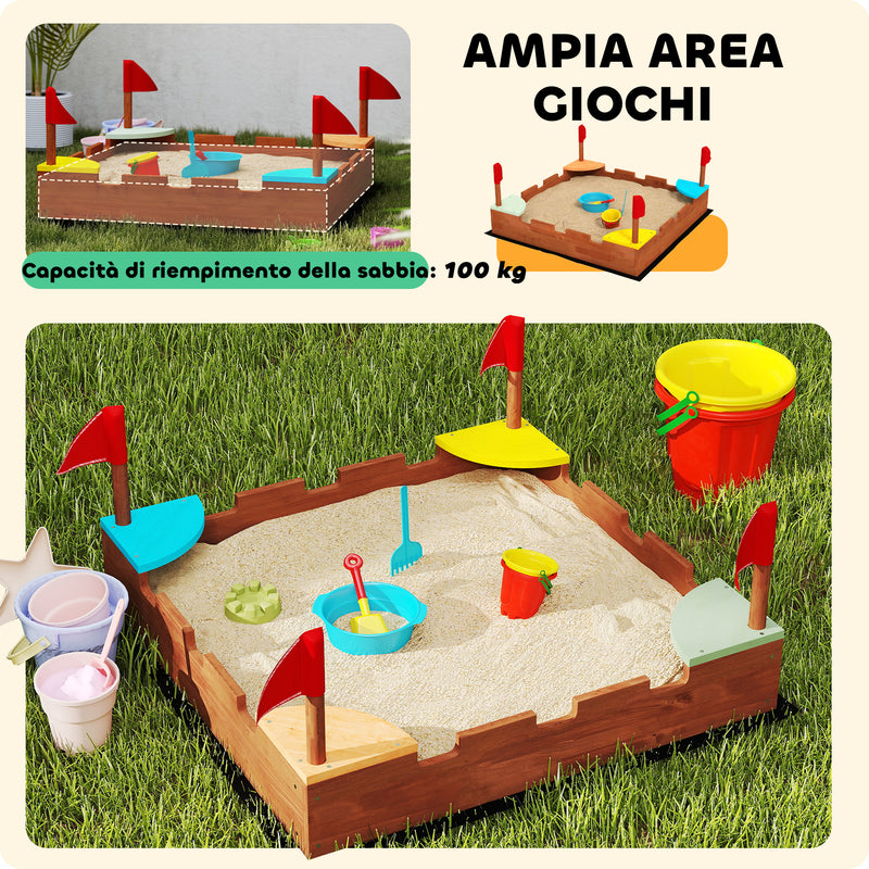 Sabbiera per Bambini 90x90x17 cm con 4 Sedute Angolari in Legno di Abete Multicolore 