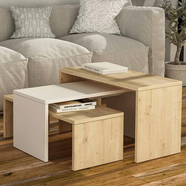 prezzo Set 3 Pezzi Tavolini da Caffè per Salotto Design Rettangolare Moderno Sovrapponibile Legno Quercia