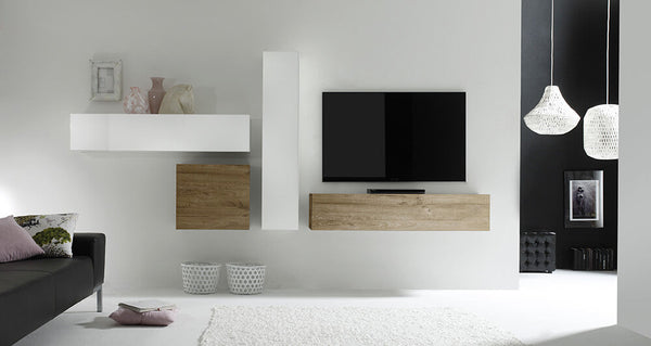 sconto Mobilier de Salon Mural Equipé 4 Meubles Suspendus 169x327x31cm TFT Cube Blanc Brillant et Miel