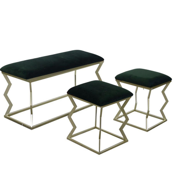 prezzo Banc avec 2 Poufs en Métal et Velours Vert