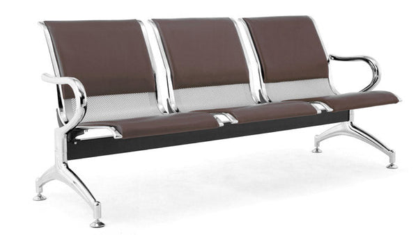 Panca per Sala Attesa 3 Posti da Ufficio con Cuscino in Acciaio e Similpelle Argento/Marrone Scuro