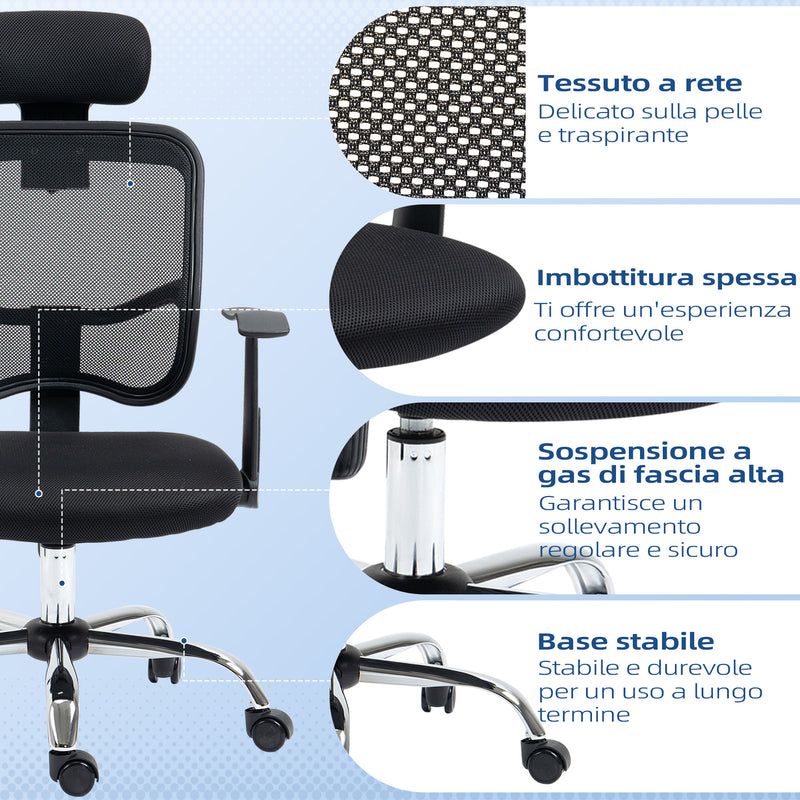 Sedia da Ufficio Ergonomica con Poggiatesta 63x62x106-114 cm in Poliestere e Acciaio Nero  