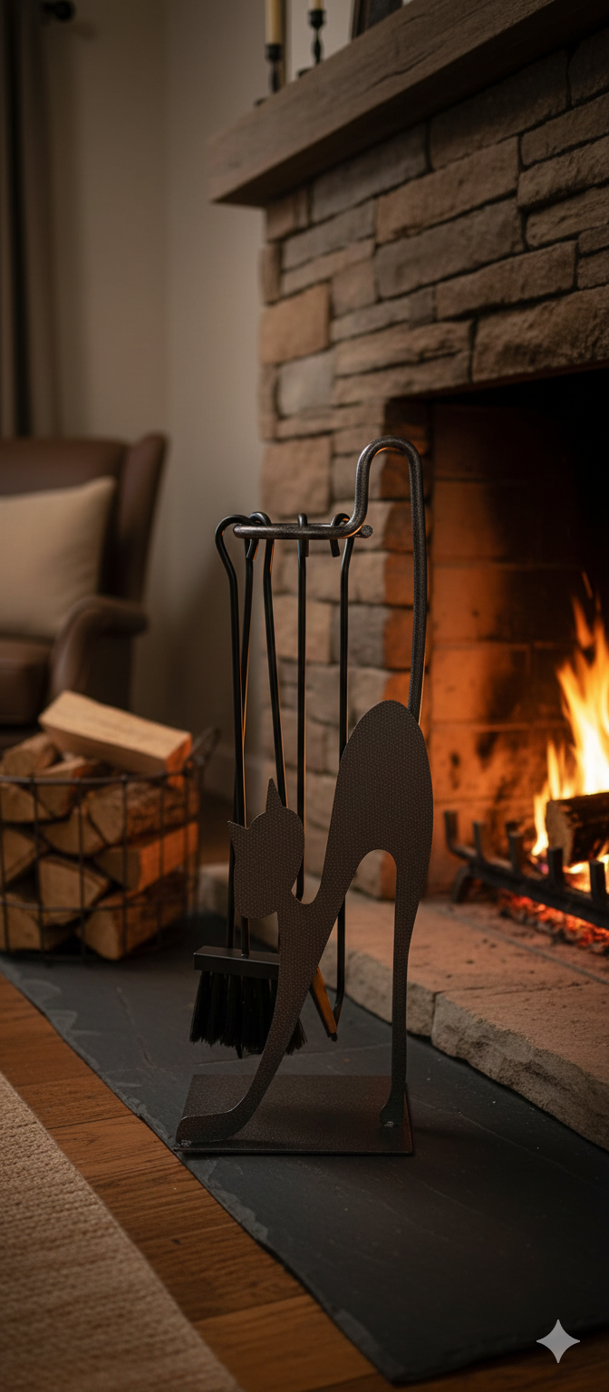 Trespolo per Attrezzi Camino Rettangolare Sagoma Gatto con Paletta Scopino Attizzino e Pinza 28x19x66 cm in Ferro Verniciato