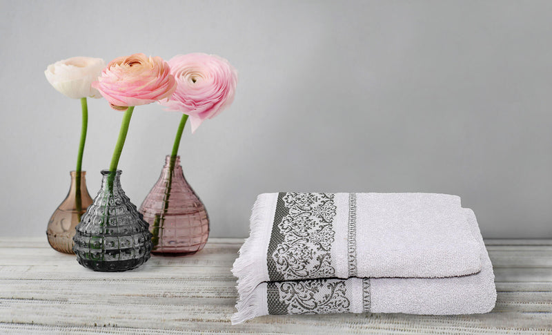 Set Spugna Asciugamani Ospite + Salvietta Kate Frangia Fumo