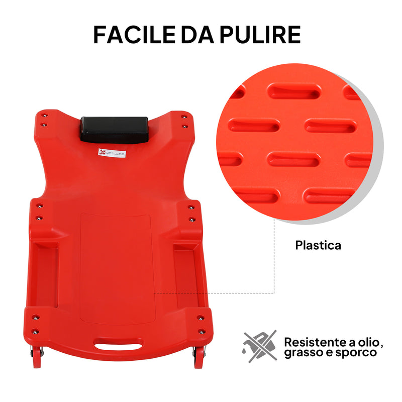 Carrello da Meccanico 100x48x12 cm con Poggiatesta Imbottito e 2 Vassoi Laterali in Plastica Rosso 