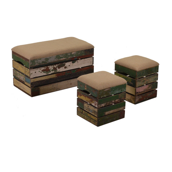 Lot de 3 Poufs en Bois 60x30H30cm Style Ancien sconto